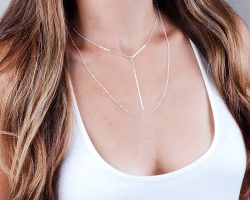 Vista 5 de Cadena de plata de ley Lariat Y – Collar de capas simple de diseñador hecho a mano, longitud 15 pulgadas + 2 pulgadas extensor