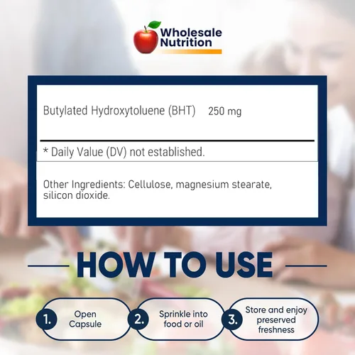 Vista 7 de Wholesale Nutrition BHT - 250 mg Potente antioxidante - Sin OMG, sin gluten - Mejora la conservación de aceite/grasa - Hidroxitolueno butilado puro