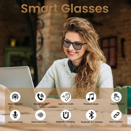 Vista 2 de Gafas inteligentes de audio Bluetooth para mujeres y hombres, lentes de sol polarizados con Bluetooth, altavoz de oreja abierta, control de voz