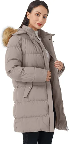 Vista 4 de WenVen - Abrigo grueso de invierno, para mujer, con capucha desmontable, de piel