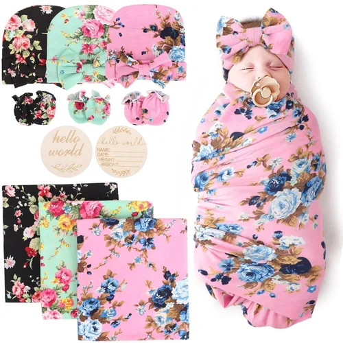 Vista 27 de DRESHOW BQUBO - Conjunto de gorro de algodón para bebé, manta para recién nacido, con orejas de oso, tarjeta de anuncio de nacimiento de madera