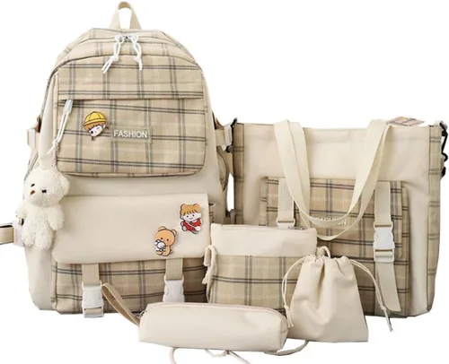 Vista 4 de Juego de 5 mochilas estéticas a cuadros con bonitos alfileres y colgante, bolsa japonesa kawaii, accesorios para portátiles de 15.6 pulgadas, Negro