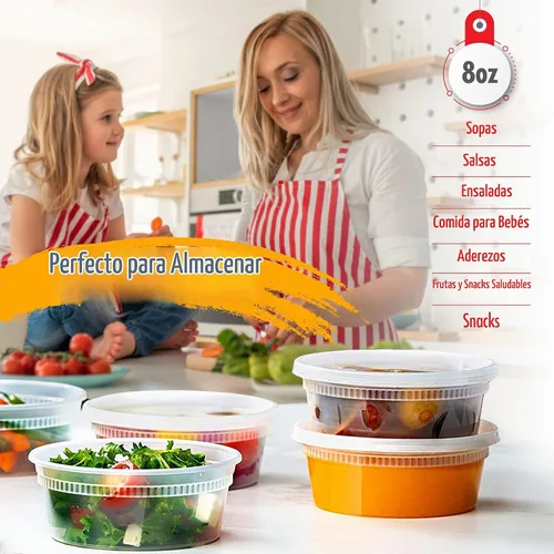 Vista 4 de Recipientes de 8 onzas con tapas a prueba de fugas, paquete de 50 recipientes de plástico transparente sin BPA para almacenamiento de alimentos