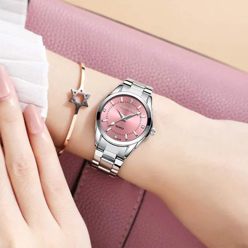 Vista 2 de Reloj clásico de acero inoxidable plateado impermeable de cuarzo analógico de moda para mujer