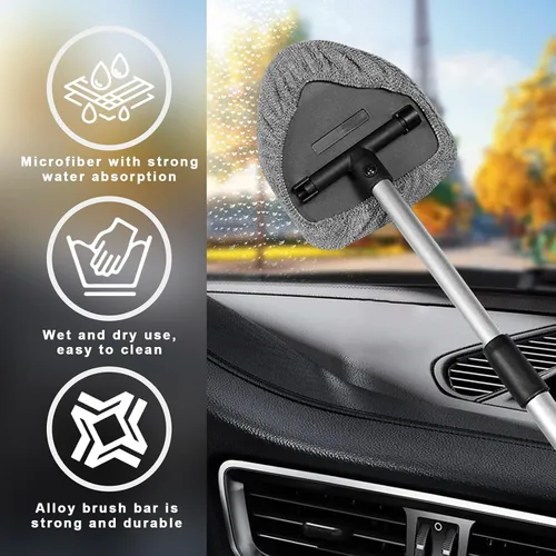 Vista 4 de Ziciner Limpiador de parabrisas de automóvil, limpiaparabrisas de microfibra con mango extensible de aluminio y 2 cabezales de almohadilla de tela