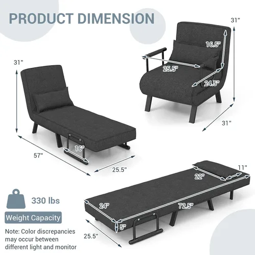 Vista 3 de KOMFOTT Sofá cama convertible 4 en 1 plegable con respaldo ajustable de 6 posiciones, tumbona tapizada con almohada extraíble, sofá reclinable