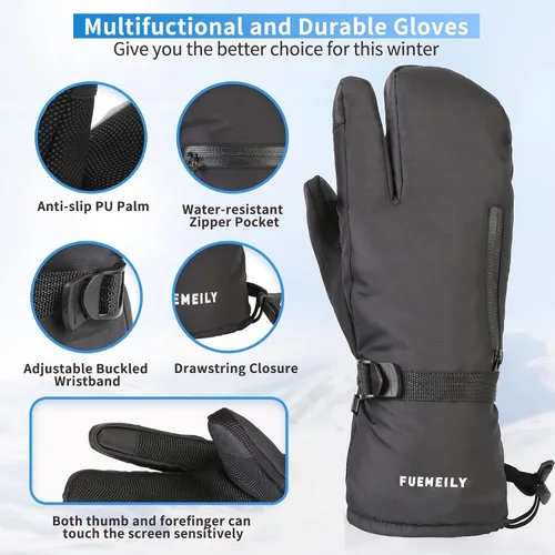 Vista 5 de FUEMEILY Manoplas de esquí de invierno para hombres y mujeres, guantes de nieve cálidos para adultos para clima frío, guantes Thinsulate para motos