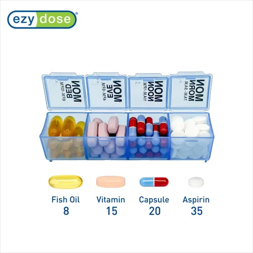 Vista 3 de Ezy Dose Organizador semanal de pastillas (7 días), caja de vitaminas y medicamentos, grandes compartimentos desplegables, 4 veces al día, azul
