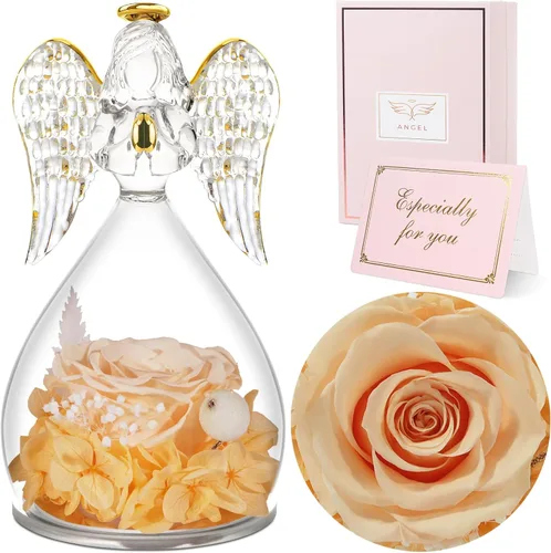 Vista 17 de Sunia Regalos para mamá, regalos de cumpleaños para mujeres, rosas reales preservadas en figura de ángel de cristal, flores eternas para la entrega