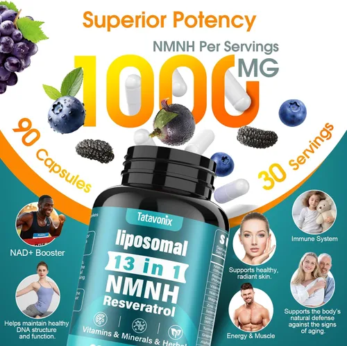 Vista 2 de NMNH (mononucleótido de dihidronicinamida) 1000 mg por porción - Alternativa NMN con NAD + liposomal, resveratrol y PQQ Sin OMG, sin gluten Apoya