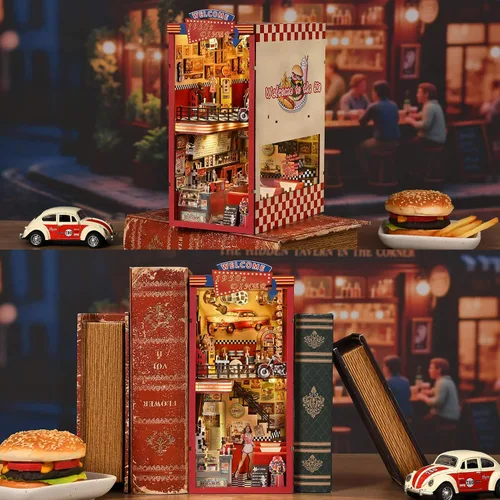 Vista 6 de fifijoy Kit de Rincón de Libros - Kit de Casa en Miniatura DIY para Adultos, Kit de Construcción de Casa Pequeña Cafetería Retro de los años 50