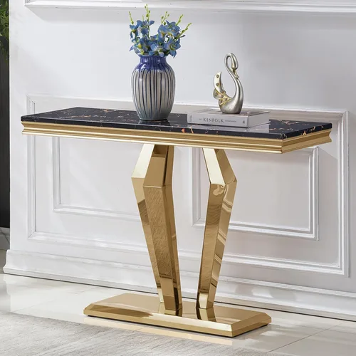 Vista 32 de Mesa de centro de 47 pulgadas de mármol negro con base en forma de U de acero inoxidable espejado, mesa central de parte superior rectangular
