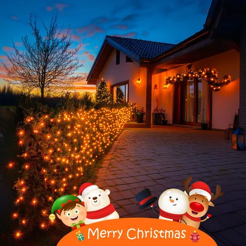Vista 6 de JMEXSUSS 150 luces LED naranjas de Halloween para interiores y exteriores, luces de Navidad en cadena enchufables para interiores, 8 modos de luces