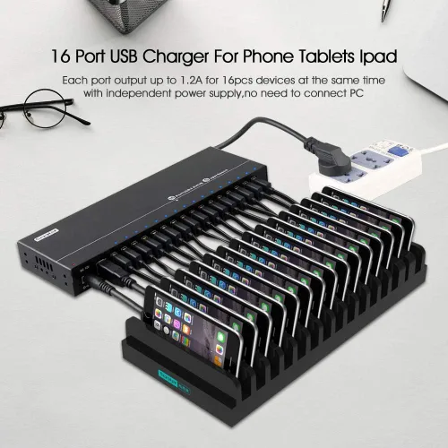 Vista 5 de Concentrador USB alimentado – 16 puertos 120 W USB 3.0 Hub – Hub de carga para múltiples dispositivos con adaptador de corriente de 12 V/10 A