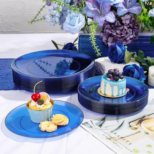 Vista 5 de YOUBET 175 PIEZAS Platos de Plástico Azul Transparente - Platos Desechables Azules y Dorados Incluyen 50 Platos, 75 Cubiertos, 25 Vasos, 25
