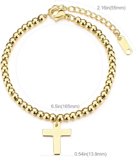 Vista 3 de Pulsera de cuentas de oro de 14 quilates chapada en oro con cruz y cadena de cola ajustable de 2.2in.