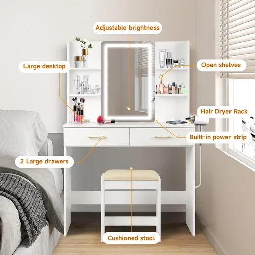 Vista 2 de QUALIKRAFT - Juego de tocador blanco con espejo LED y taburete, mesa de maquillaje con toma de corriente incorporada (2 AC y 2 USB), 2 cajones