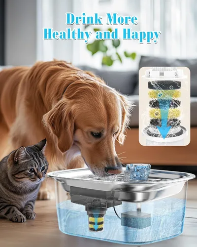 Vista 4 de Lesotc Fuente de agua para perros de acero inoxidable de 3 galones para perros grandes, fuente de agua para mascotas con 2 filtros, fuente
