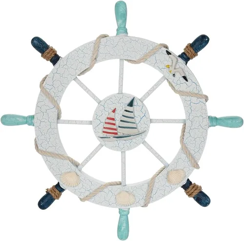 Vista 9 de Rienar Timón de barco náutico de madera para la playa con red de pesca y concha de pescado para decoración de pared en el hogar (27.9 cm de diámetro)