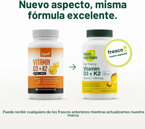 Vista 2 de Fresh Nutrition - Cápsulas veganas de vitamina D3 + K2 - 6400 UI D3 + 140 mcg de K2 como MK-7 para una absorción óptima y 800 mcg de vitamina A