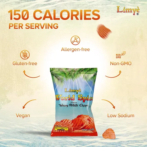 Vista 6 de Limyé Papas fritas, sabor a especias mundiales, certificado Kosher, sin alérgenos, sin OMG, sin gluten, papas fritas veganas, 3 onzas (4P)