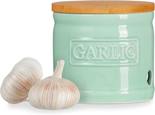 Vista 12 de ONEMORE Soporte de ajo con tapa, recipiente de ajo de cerámica de 4 pulgadas, azul claro