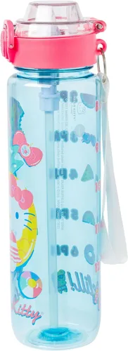 Vista 4 de Silver Buffalo Sanrio Hello Kitty Pool Party - Botella de agua de plástico azul con tapa de bloqueo, correa y rastreador de hidratación, 33 onzas