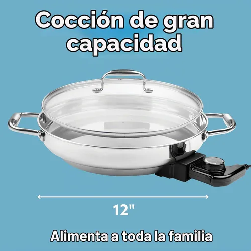 Vista 3 de Cucina Pro - Sartén eléctrica de acero inoxidable 18/10 con tapa de vidrio templado y asas, redonda de 12 pulgadas, perilla de control