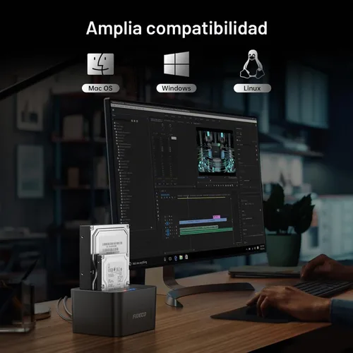 Vista 6 de Estación de acoplamiento de disco duro externo FIDECO, base de disco duro para HDD SATA SSD de 2.5 y 3.5 pulgadas, estación de acoplamiento de disco