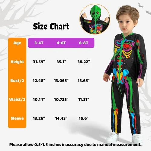 Vista 6 de SYNPOS Disfraz de esqueleto de Halloween para niños pequeños, disfraz de huesos de calavera aterradora, traje llamativo en la oscuridad para niños