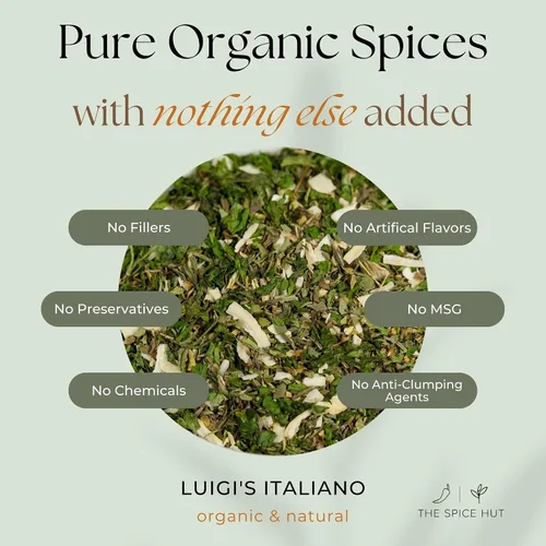 Vista 3 de Luigi's - Condimento italiano, condimento italiano clásico orgánico rico y robusto, bolsa pequeña sin sal, condimento italiano Luigi's, 1.2 onzas