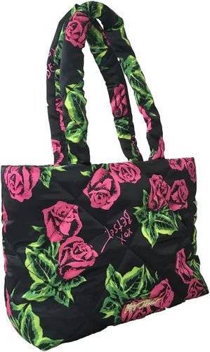 Vista 2 de Betsey Johnson Bolso de almohada de nylon con estampado de rosas, negro floral, Floral