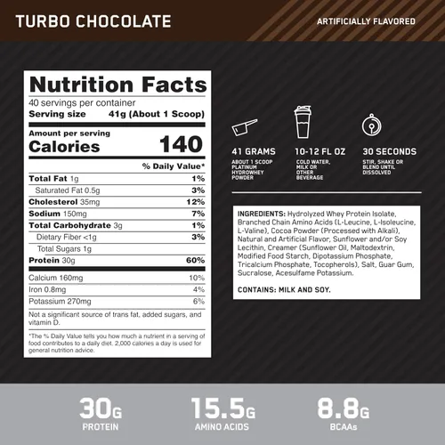 Vista 3 de Optimum Nutrition Platinum Hydrowhey Proteína en polvo, Turbo Chocolate, 4
