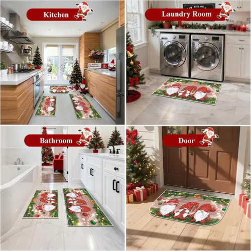 Vista 5 de Juego de 3 tapetes de cocina de Feliz Navidad, alfombras antideslizantes de cocina para invierno y fiestas navideñas Xmas, alfombra cómoda
