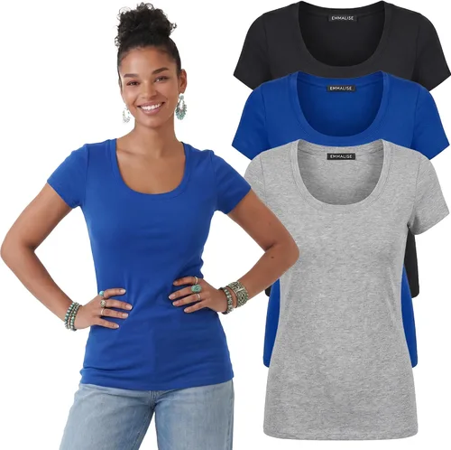 Vista 123 de Emmalise - Camiseta de manga corta para mujer, cuello redondo, estilo básico, pack de valor, tallas junior y grandes