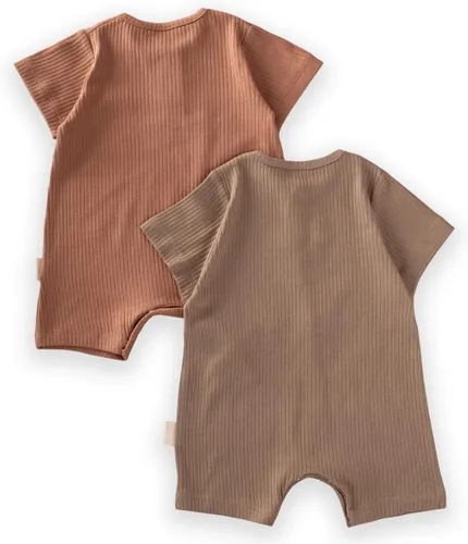 Vista 4 de Ribbed Newborn Baby Rompers Set - 2-Pack, Unisex Knitted Rompers, Summer Baby Rompers - BrownMink
