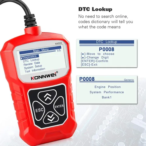 Vista 4 de KONNWEI Escáner OBD2 KW310 con funciones OBDII completas, 10 modos, lector de códigos de falla del motor automotriz, herramienta de escaneo
