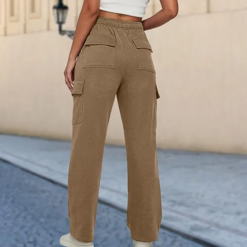 Vista 5 de BBIQI Pantalones deportivos tipo cargo para mujer, pierna ancha, holgados, pierna recta, cintura alta, pantalones deportivos casuales con bolsillos
