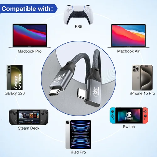 Vista 7 de QCEs Cable de monitor USB C en ángulo recto de 3.3 pies con salida de video a monitor portátil 8K USB C 3.2 Gen 2x2 Cable de video de 20 Gbps