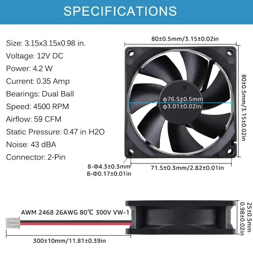 Vista 2 de GDSTIME 4500RPM 8cm 80mm x 80mm x 25mm 12v Ventilador de refrigeración sin escobillas de CC, flujo de aire grande, alta velocidad, con rodamientos