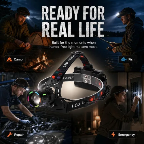 Vista 13 de Linterna frontal LED recargable, 150,000 lúmenes, superbrillante, 60H, con sensor de movimiento, 4 modos, ajustable a 90°, impermeable nivel IPX6