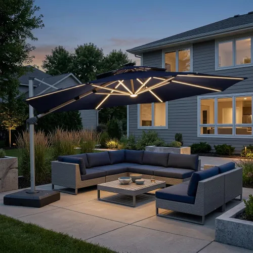 Vista 22 de PURPLE LEAF Sombrilla de patio de 9 x 12 pies con luces, sombrilla rectangular voladiza para exteriores, funciona con energía solar, LED
