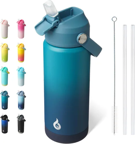 Vista 55 de BJPKPK - Botella de agua aislada con tapa de popote, 532 ml Botellas termo con boquilla suave, asa flexible y base antideslizante, libre de BPA, a