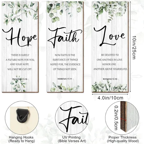 Vista 2 de 3 piezas de decoración de pared cristiana decoración de pared verde inspirador escritura escritura placa colgante rústico hojas signo cita
