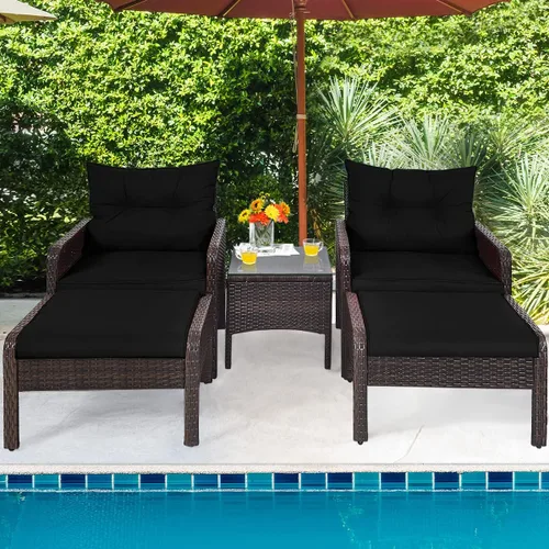 Vista 8 de Juego de muebles de mimbre para patio, juego de conversación de mimbre modular para exteriores con 2 otomanas y mesa de centro de vidrio templado