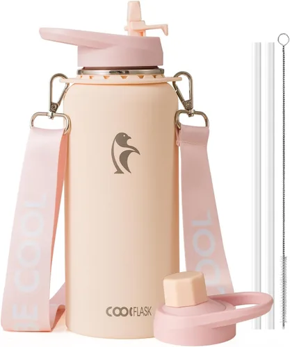 Vista 10 de Botella de agua Coolflask de 40 onzas con correa, botella de agua metálica aislada con popote y tapas con pico, acero inoxidable de doble pared al
