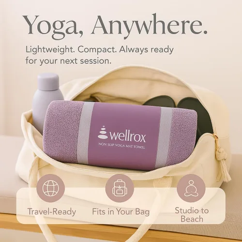 Vista 7 de Wellrox Toalla de yoga antideslizante - Toalla de mano y esterilla para yoga, pilates y fitness (lavanda)