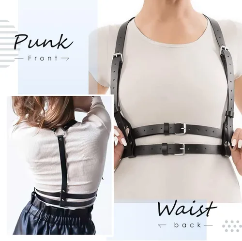 Vista 3 de Punk Waist Leather Chain Belt Harness Strappy Adjustable Body Accessories