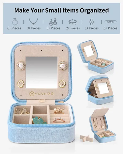 Vista 3 de Vlando Joyero de viaje, organizador de cajas pequeñas de terciopelo con espejo, regalo de cumpleaños de 8, 10, 12, 15, 18, 20 años, caja