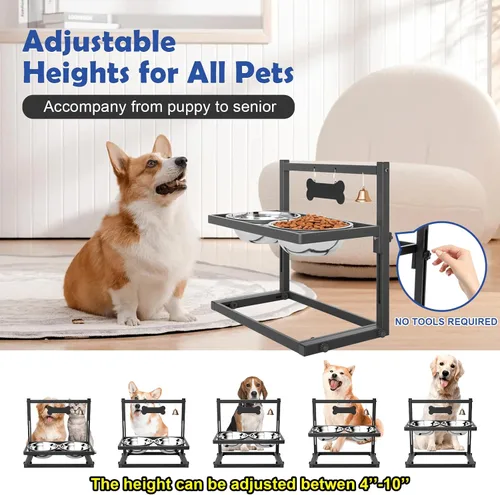 Vista 2 de Cuencos elevados para perros medianos y pequeños, 5 alturas ajustables, soporte elevado para perros con 2 cuencos de comida de acero inoxidable